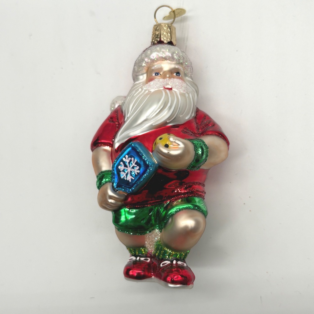 Old World Christmas Pickleball Santa Glass Ornament Red Green Glitter 5"